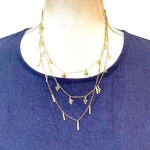 Gold tone charms delicate 3 layers necklace adjustable fine costume jewelry